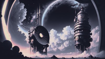 Futuristic Steampunk Space Station Wallpaper HD 4K Aesthetic Sci-Fi Art