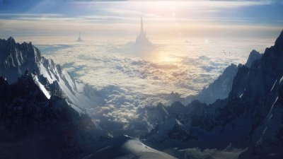 Fantasy Landscape Mountain Tower Wallpaper HD 4K Aesthetic Cinematic View