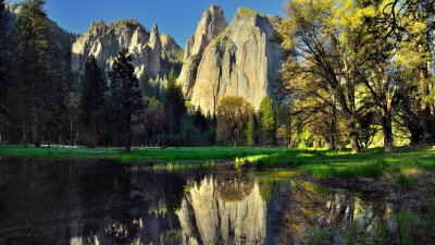 Yosemite Cathedral Rocks Reflection Wallpaper HD 4K - Aesthetic Nature