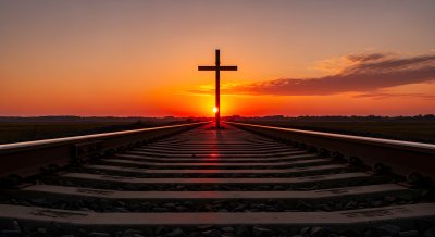 Cross on Railway Sunrise Wallpaper HD 4K Aesthetic Religious Background