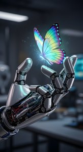 Futuristic Robotic Hand with Aesthetic Rainbow Butterfly Wallpaper HD 4K