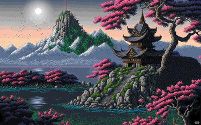 Aesthetic Pixel Art Japanese Pagoda Landscape Wallpaper HD 4K