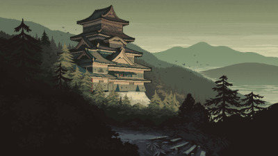 Japanese Pixel Art Castle Wallpaper HD 4K - Aesthetic Retro Mountain View