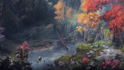 Fantasy Forest River Aesthetic Wallpaper HD 4K - Autumn Nature Art
