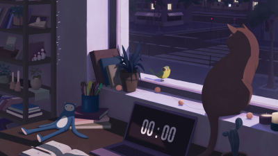 Aesthetic Lofi Room Night Wallpaper HD 4K - Cozy Cat and Bird Art