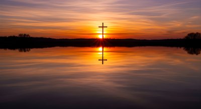 Cross at Sunset Reflection Wallpaper 4K - Aesthetic Spiritual Background HD
