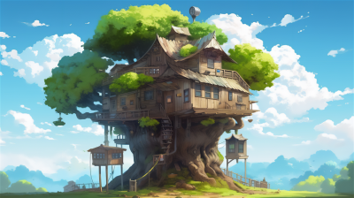 Aesthetic Anime Treehouse Wallpaper HD 4K - Cozy Studio Ghibli Vibes