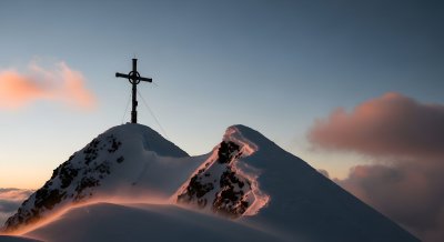 Majestic Mountain Peak with Cross Wallpaper HD 4K Aesthetic Sunset