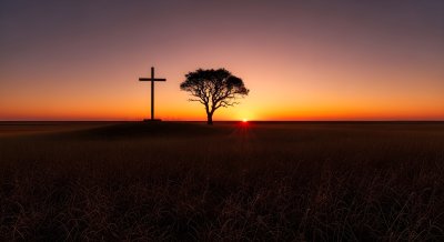 Aesthetic Christian Cross and Tree Sunset Wallpaper HD 4K - Spiritual Nature
