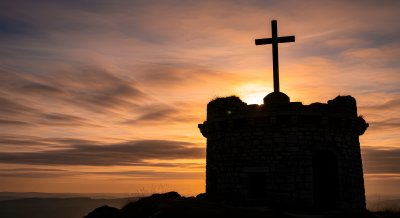 Silhouette Cross on Stone Tower Sunset Wallpaper HD 4K Aesthetic