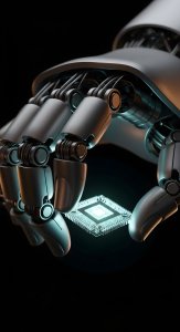 Futuristic Robotic Hand Holding Glowing Microchip Wallpaper HD 4K