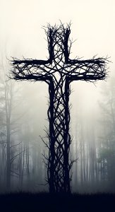 Dark Gothic Cross in Misty Forest Wallpaper HD 4K Aesthetic