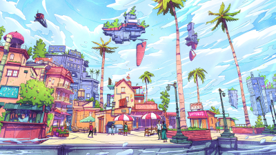 Aesthetic Futuristic Tropical City Anime Wallpaper HD 4K Cool Art