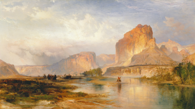 Majestic Western River Landscape Art Wallpaper HD 4K Aesthetic Painting