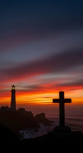 Sunset Lighthouse and Cross Silhouette Wallpaper HD 4K Aesthetic Coast