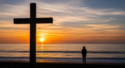 Peaceful Sunset Beach Cross Wallpaper HD 4K - Aesthetic Spiritual Background