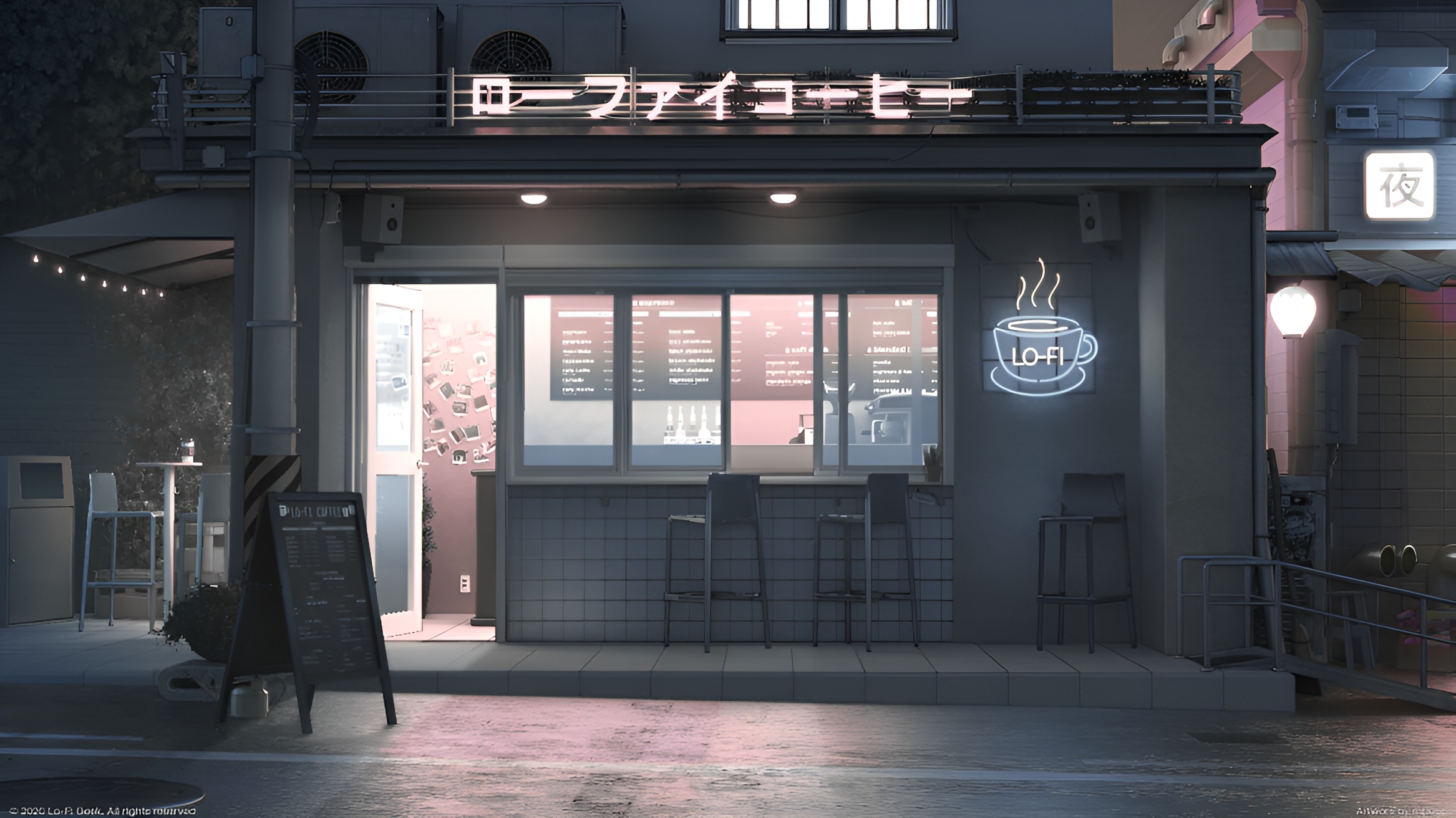 Aesthetic Lofi Coffee Shop Night Wallpaper HD 4K - Chill Urban Vibes