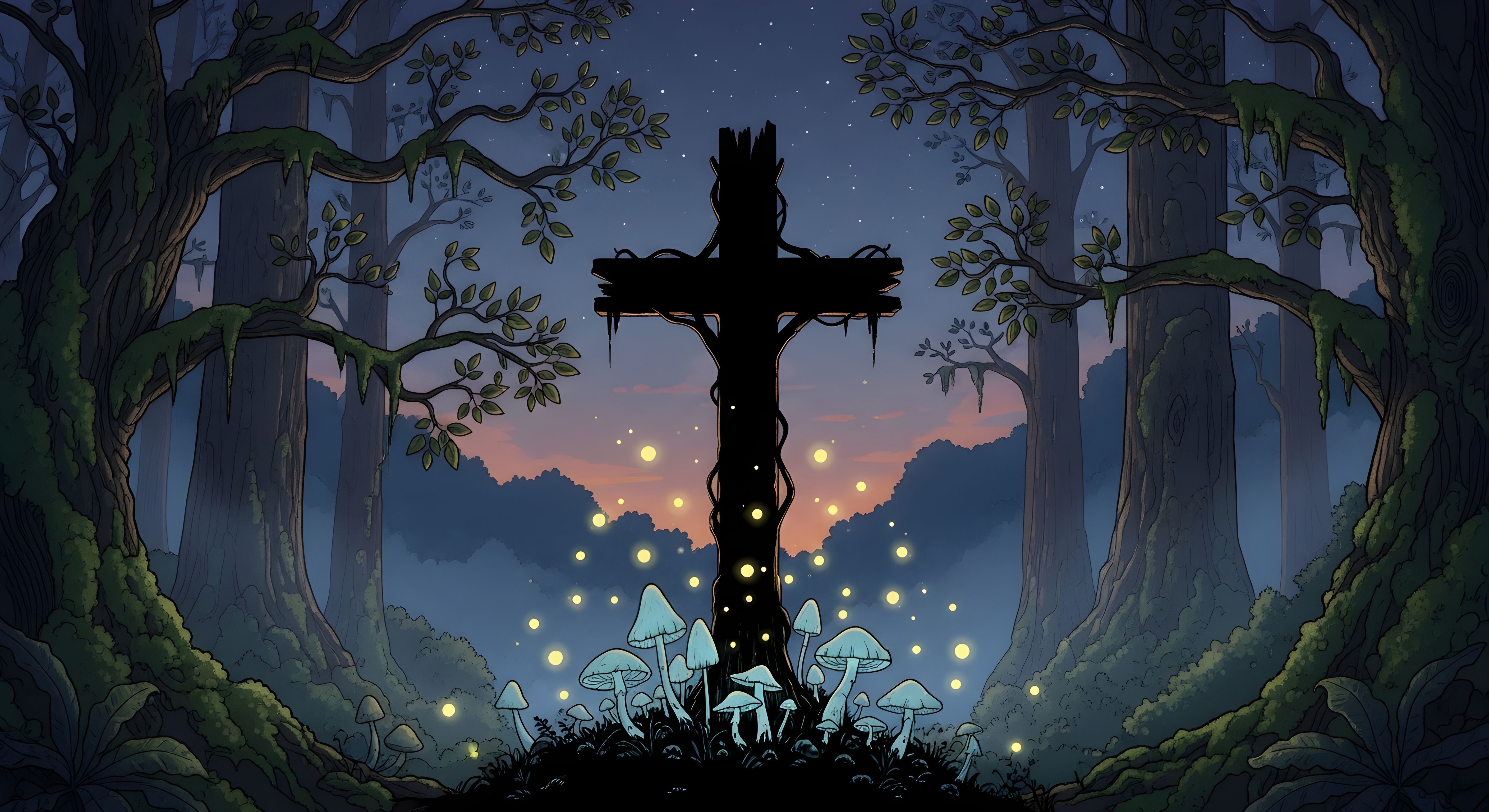 Mystical Forest Cross with Glowing Mushrooms Aesthetic Wallpaper HD 4K