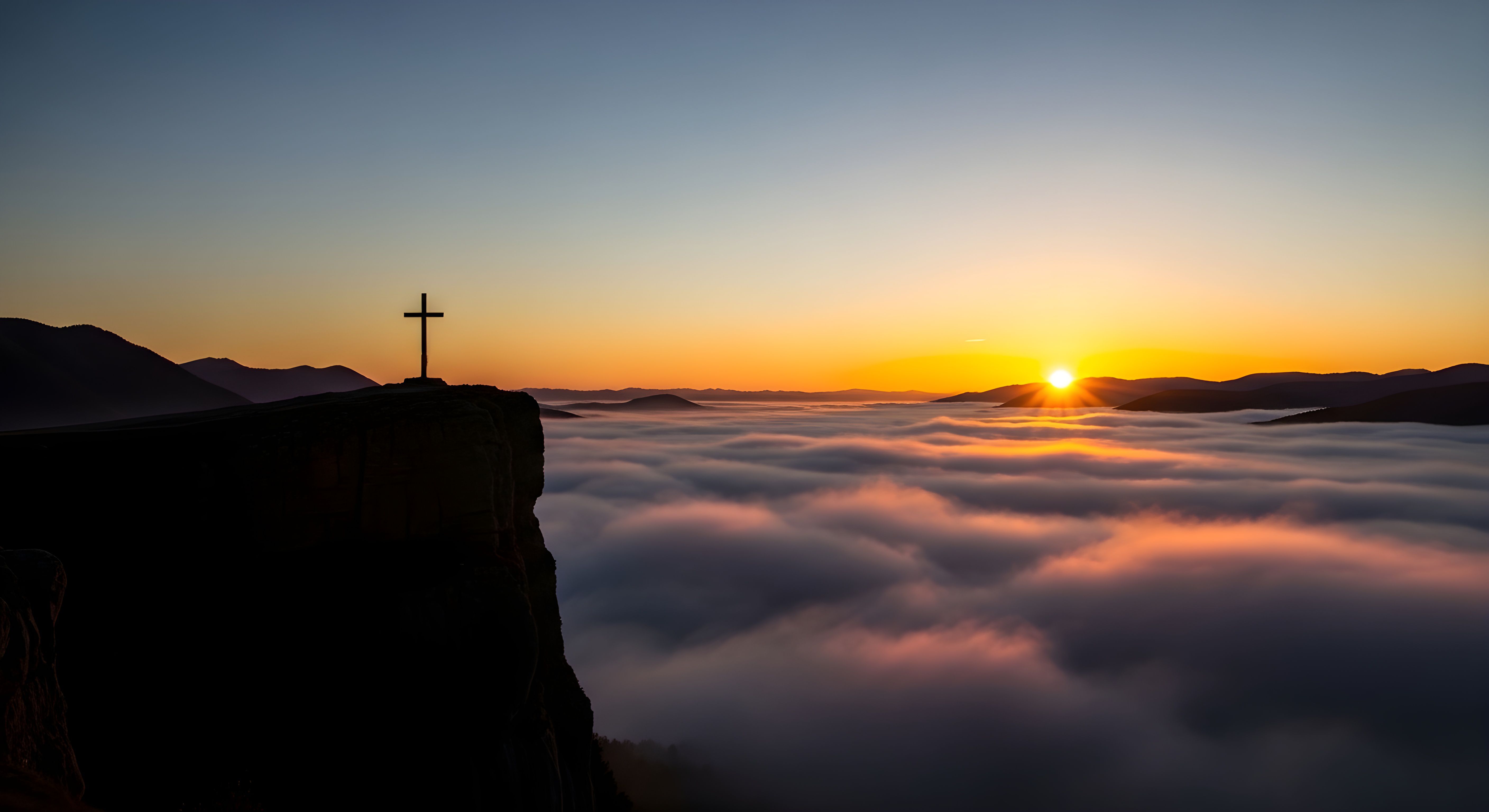 Cross on Mountain Sunrise Wallpaper 4K, Aesthetic Spiritual Landscape HD