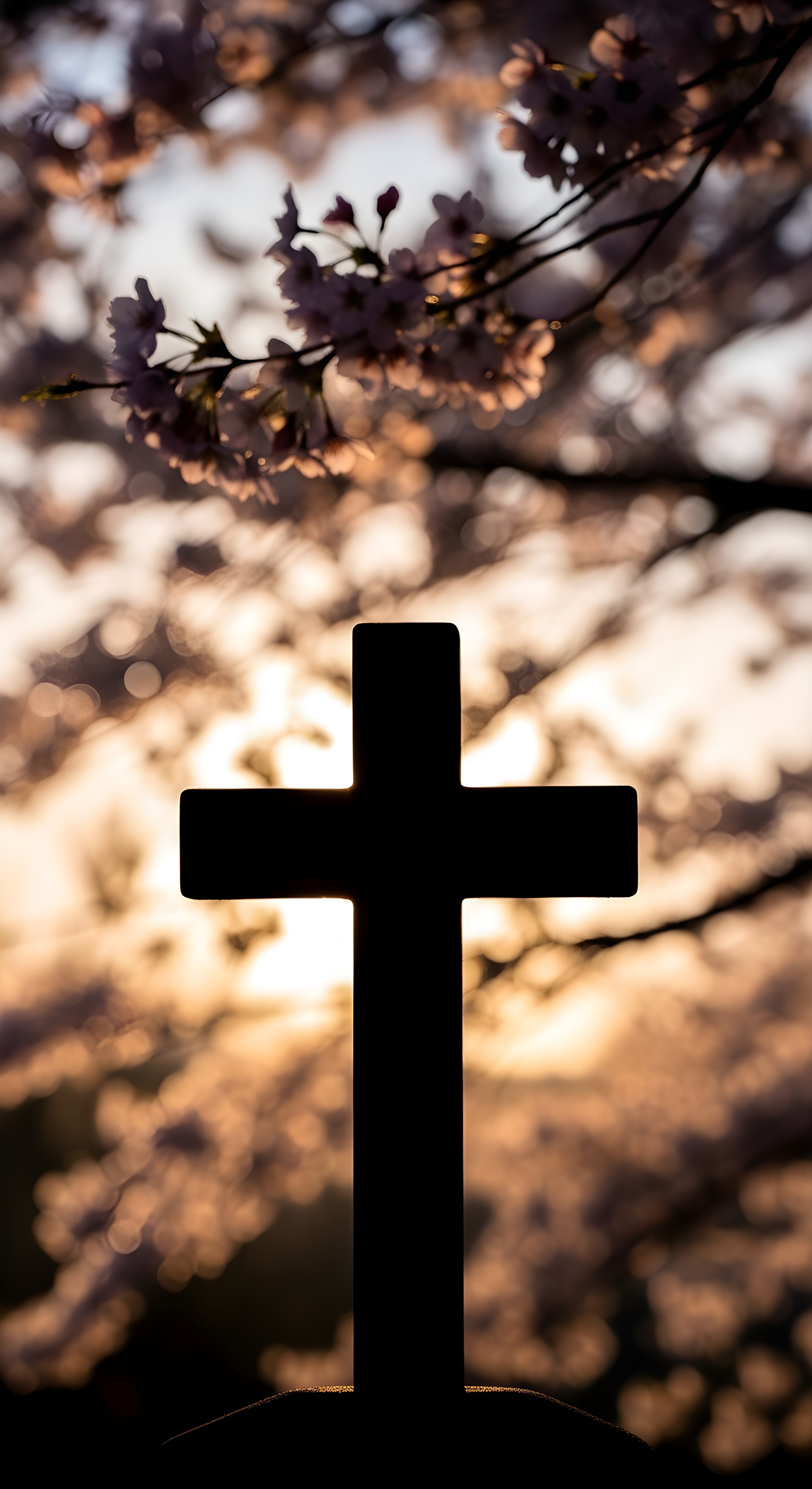 Aesthetic Cross Silhouette with Cherry Blossoms Wallpaper HD 4K