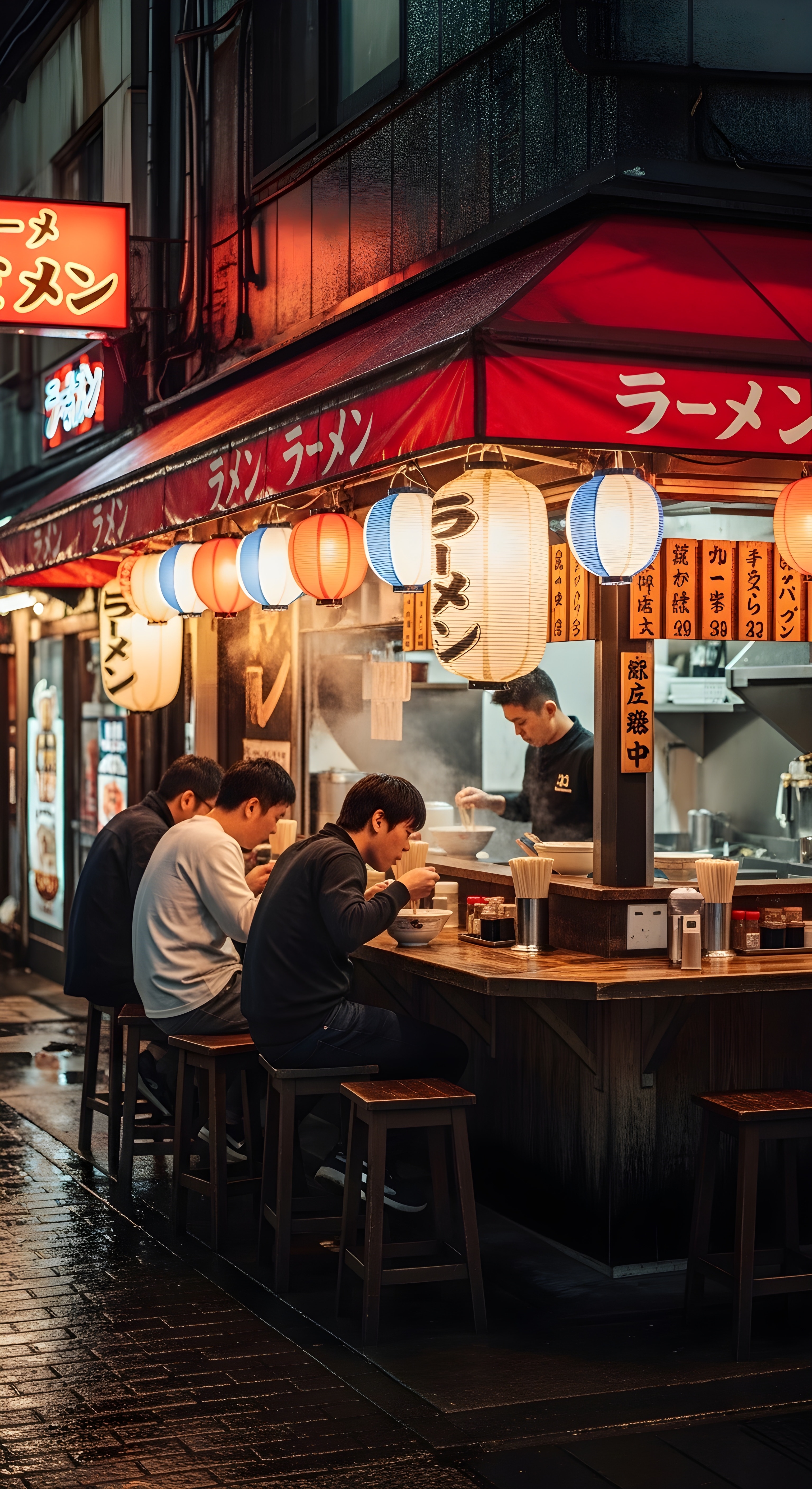 Aesthetic Japanese Ramen Street Stall at Night Wallpaper HD 4K