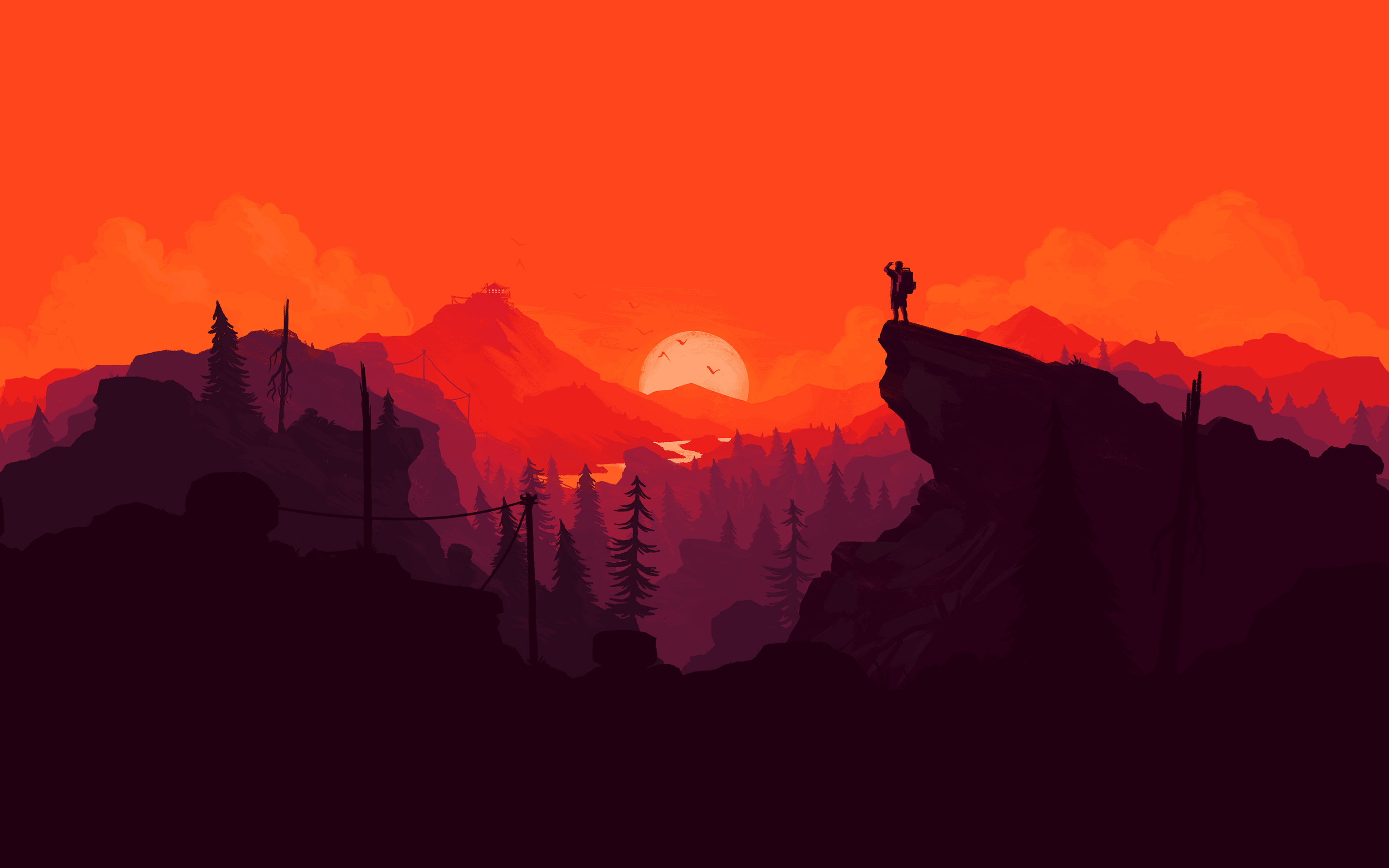 Cool Aesthetic Firewatch Style Sunset Landscape Wallpaper HD 4K