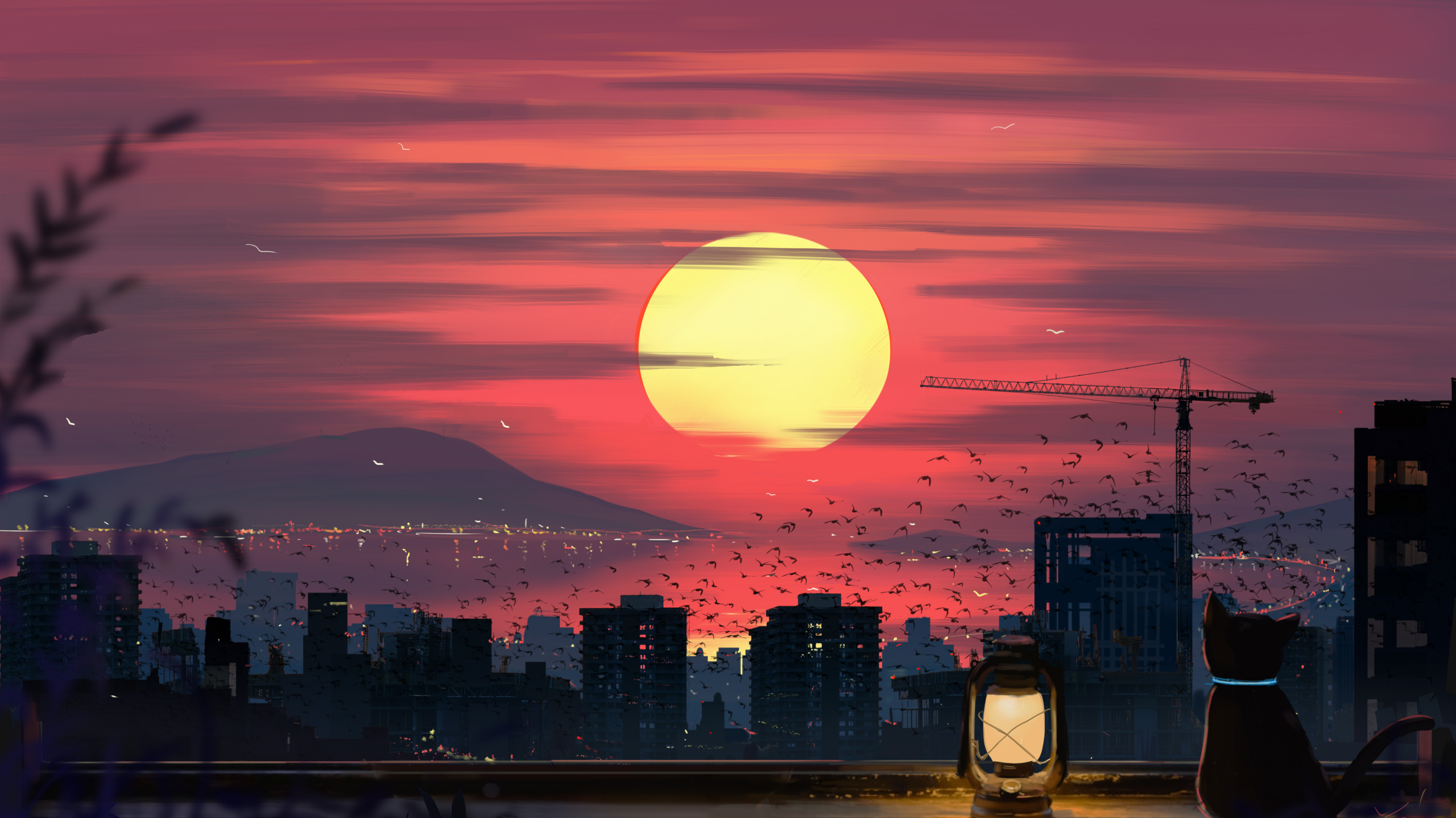 Aesthetic City Sunset Wallpaper HD 4K - Lo-fi Cat & Lantern Art