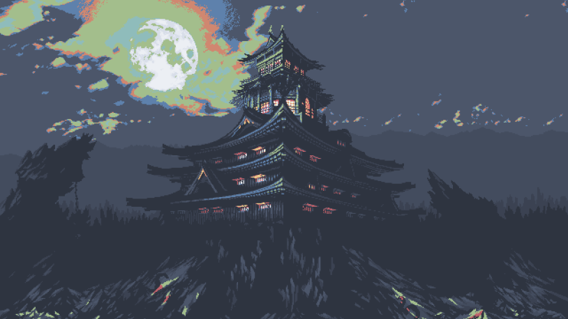 Cool Aesthetic Pixel Art Japanese Castle Night Moon Wallpaper HD 4K