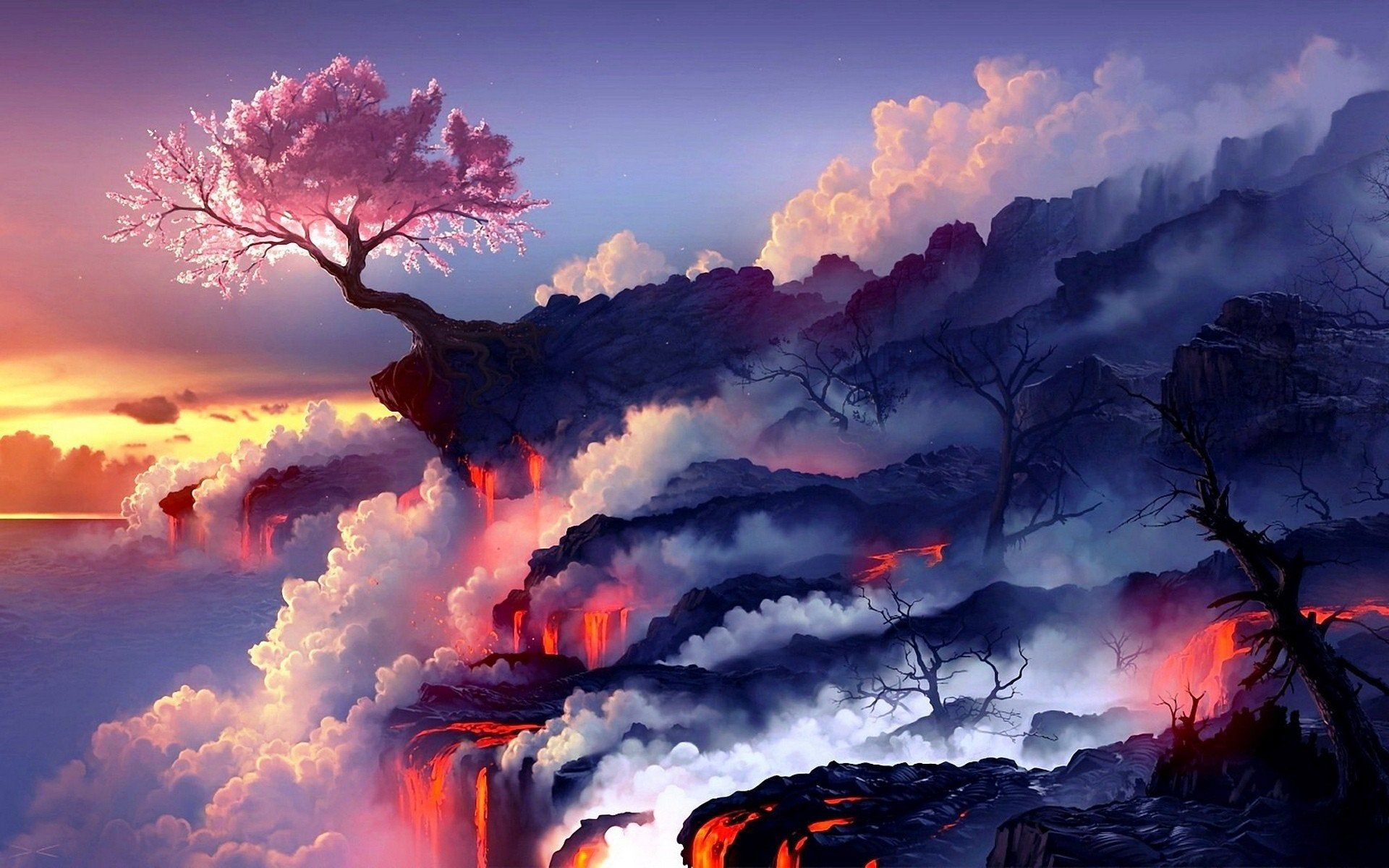 Fantasy Cherry Blossom Lava Landscape Wallpaper HD 4K Aesthetic Art