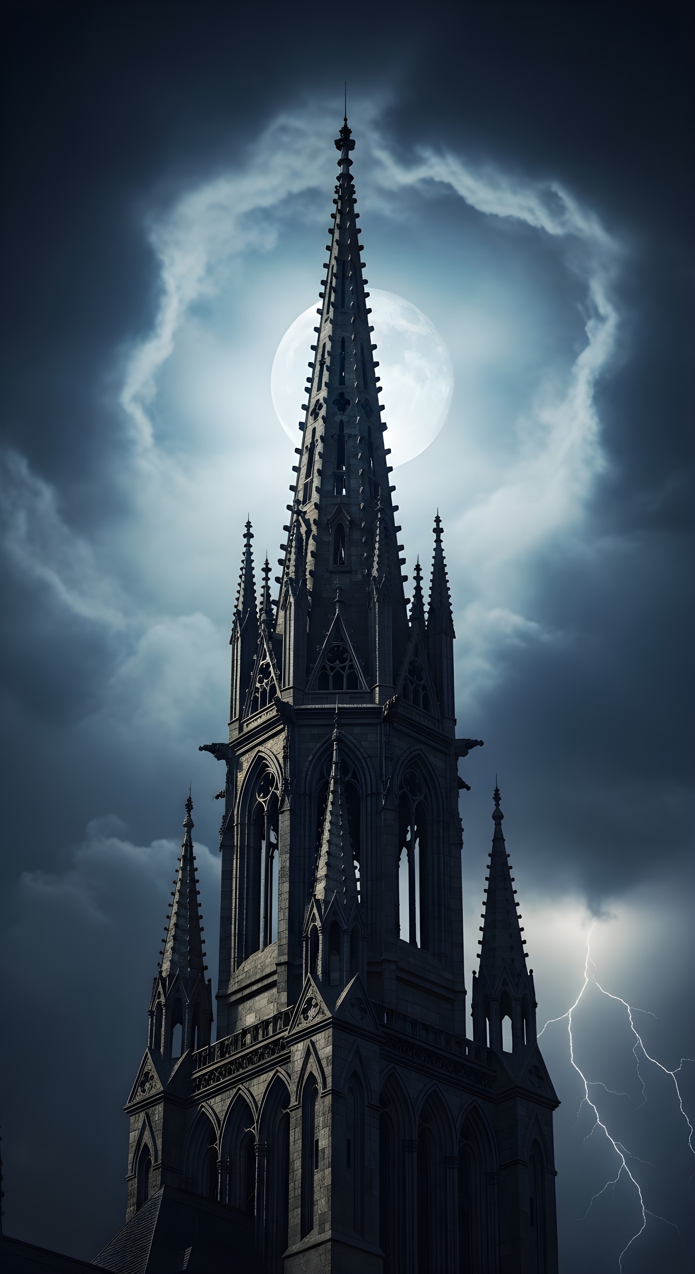 Gothic Cathedral Spire Moonlight & Lightning Wallpaper HD 4K Aesthetic