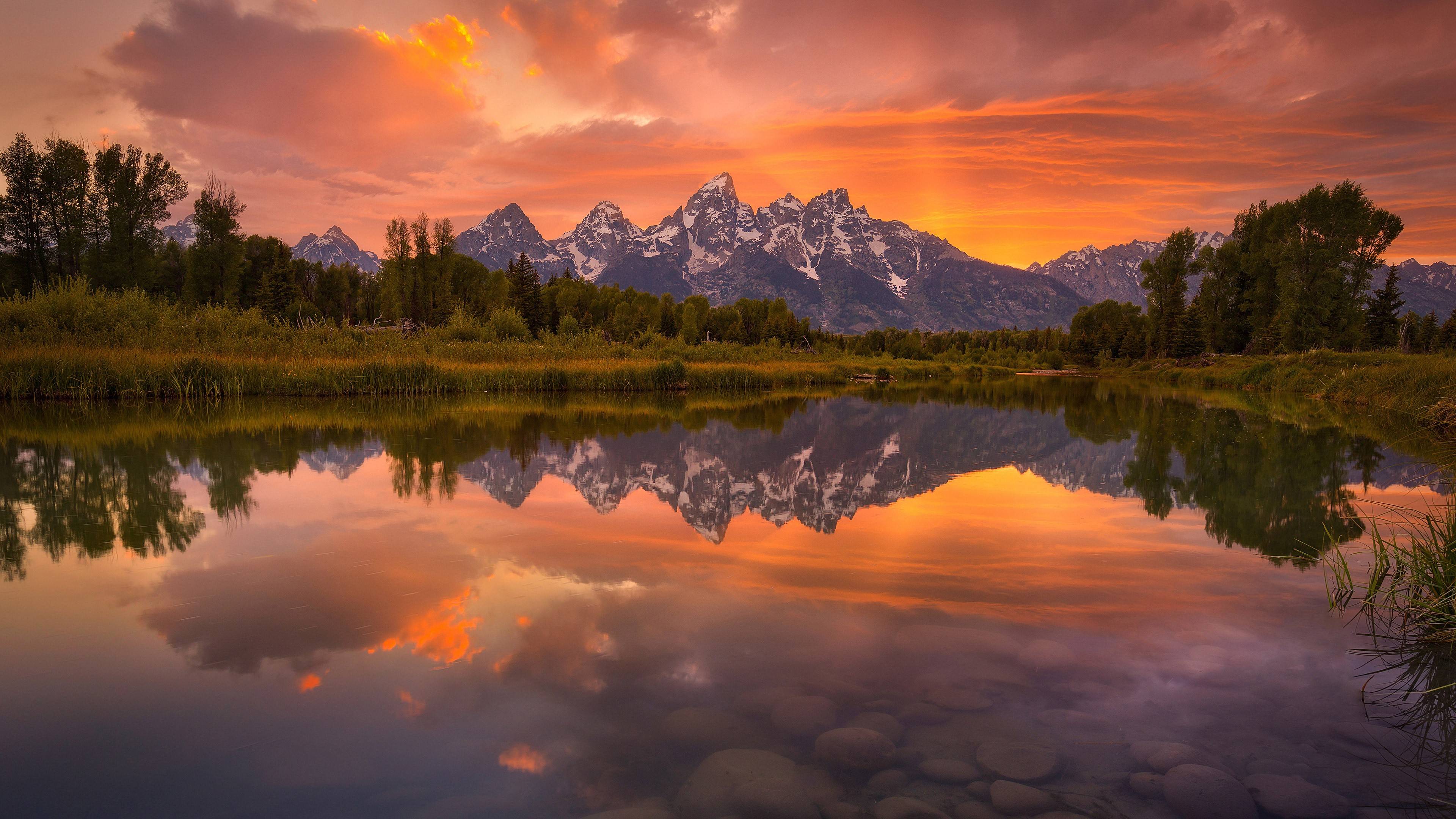 Majestic Grand Teton Sunset Reflection Wallpaper HD 4K Aesthetic Landscape
