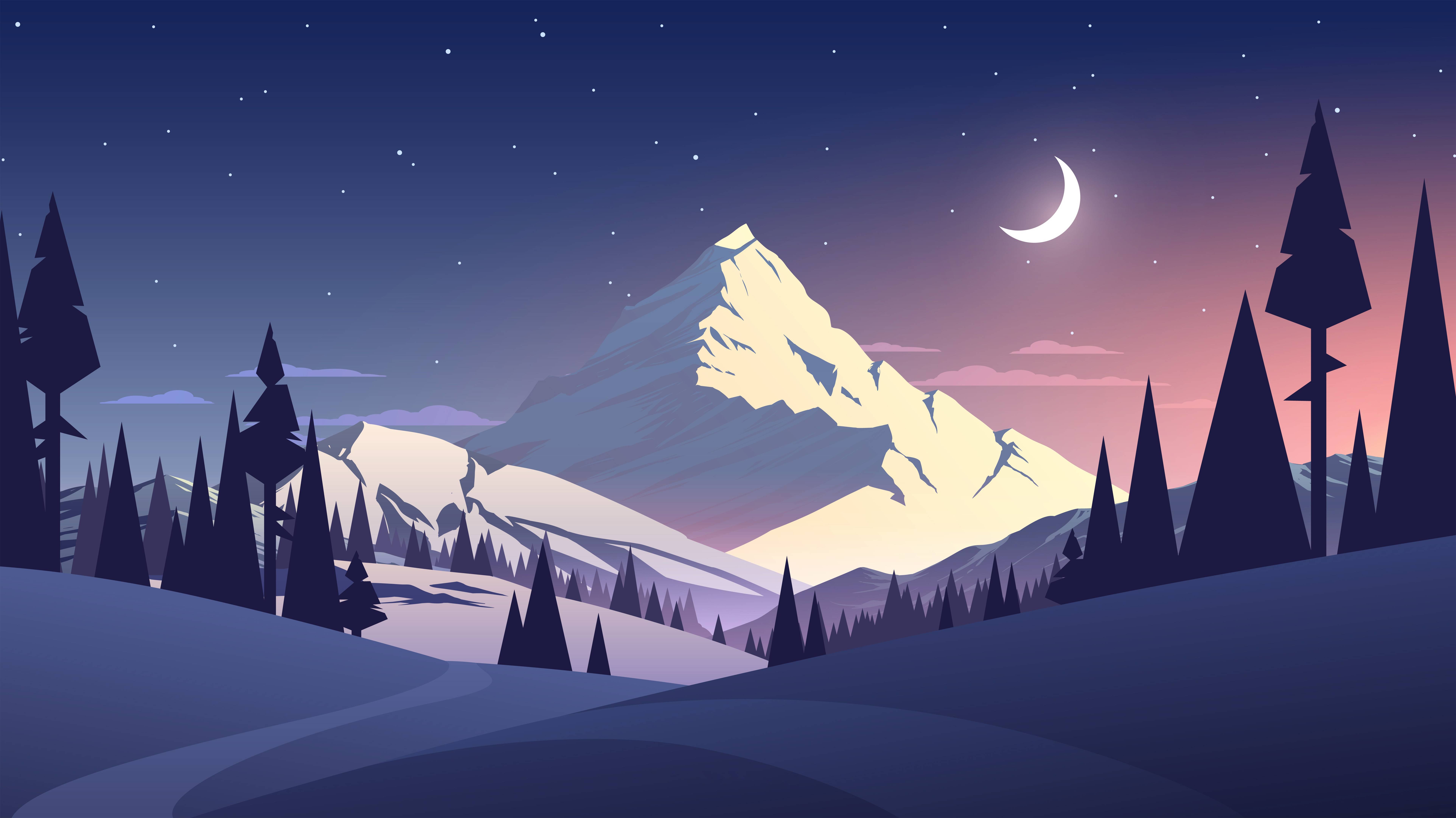 Aesthetic Snowy Mountain Night Wallpaper HD 4K - Cool Minimalist Nature