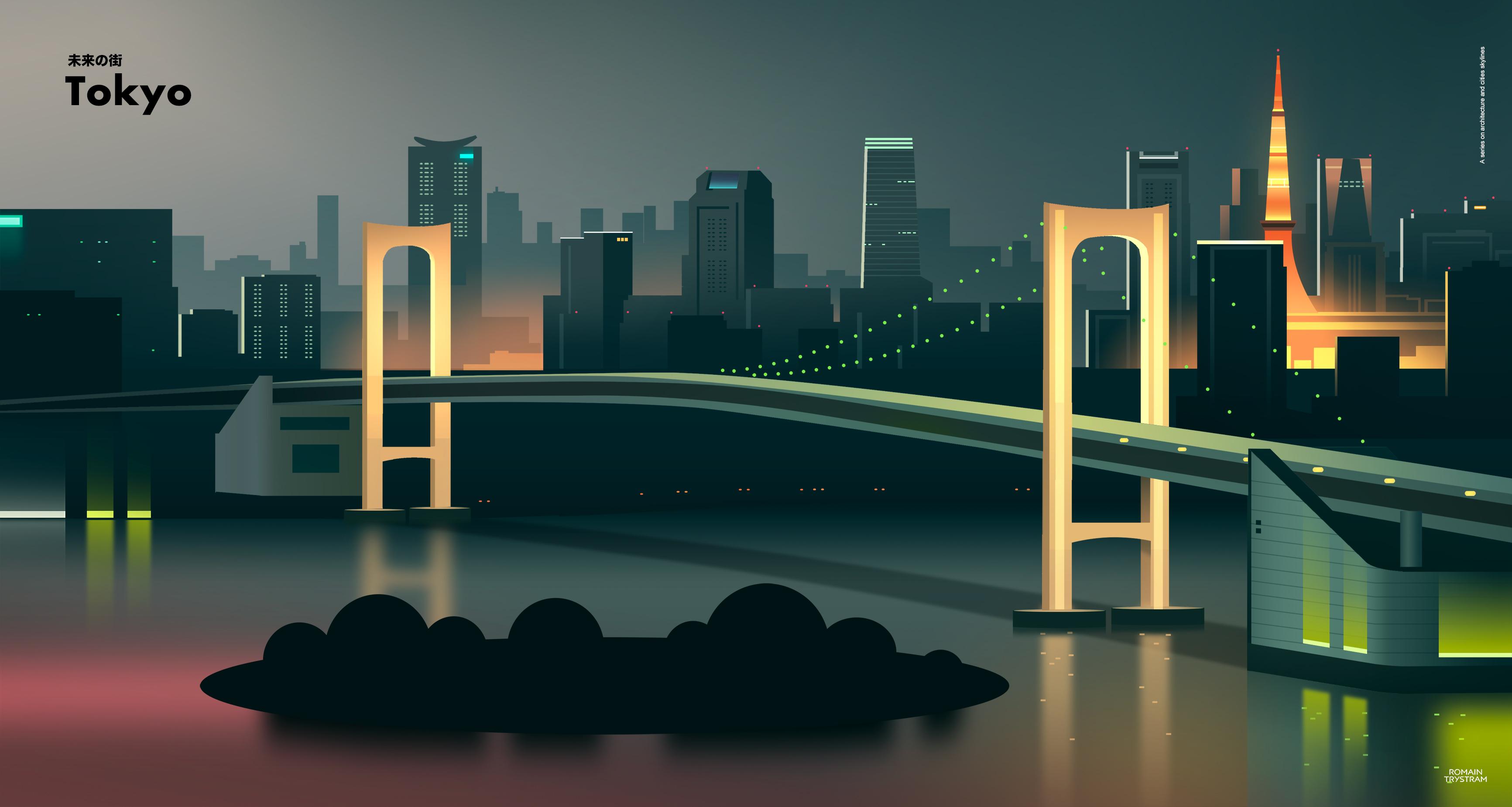 Tokyo Skyline Aesthetic Wallpaper 4K - Minimalist City Night Vector Art