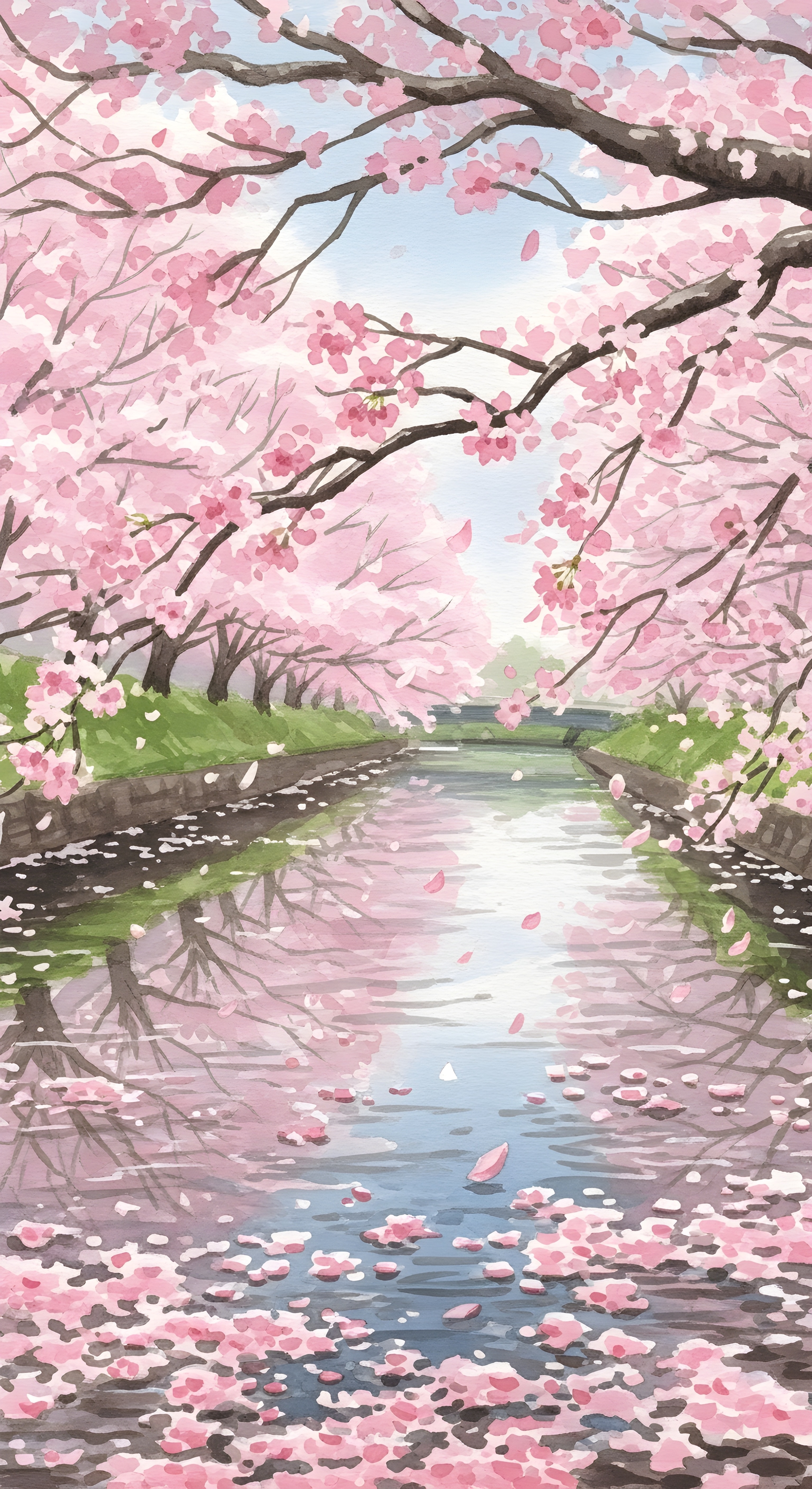 Aesthetic Cherry Blossom Watercolor Wallpaper HD 4K - Sakura Spring Canal