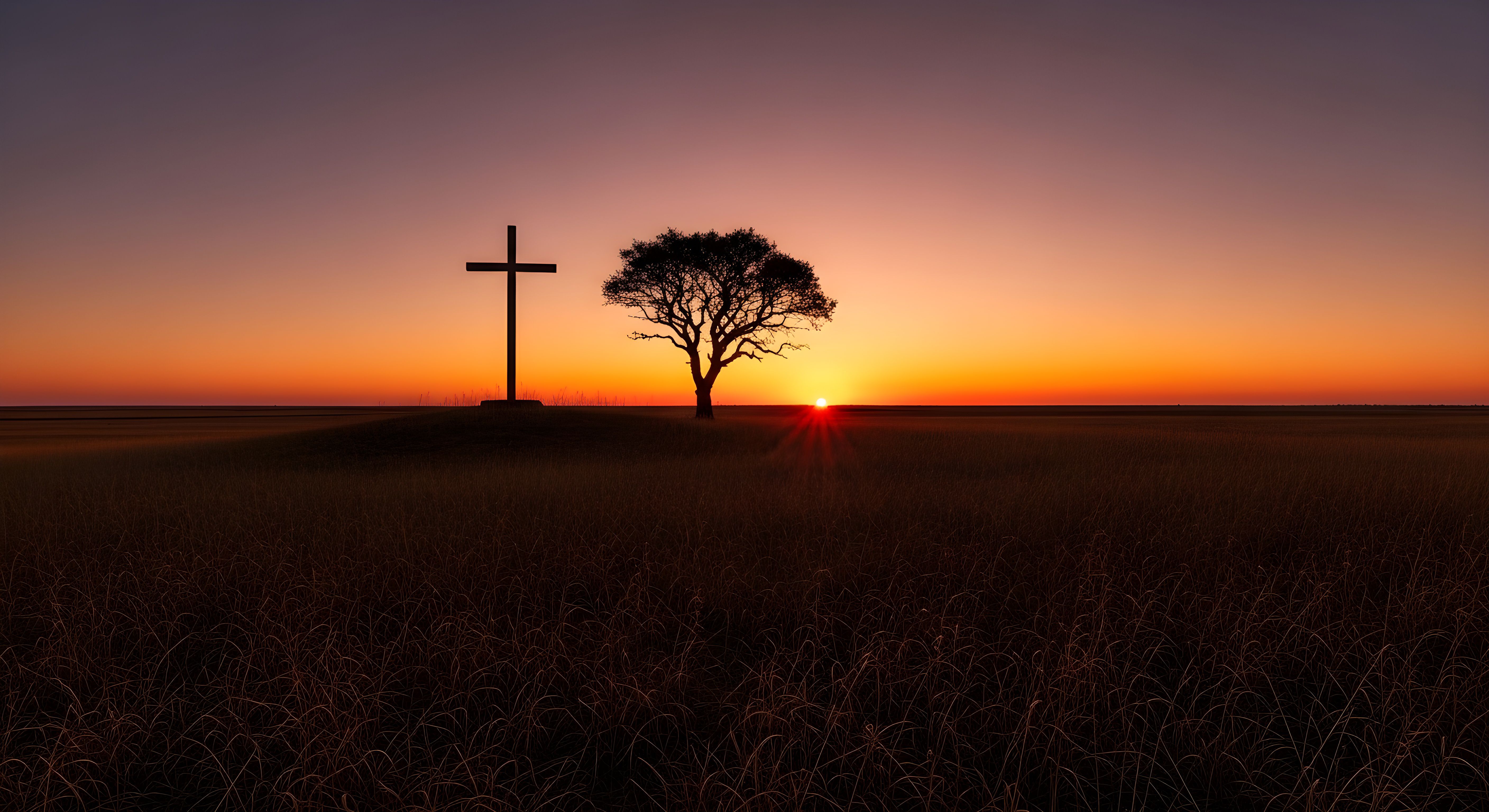 Aesthetic Christian Cross and Tree Sunset Wallpaper HD 4K - Spiritual Nature