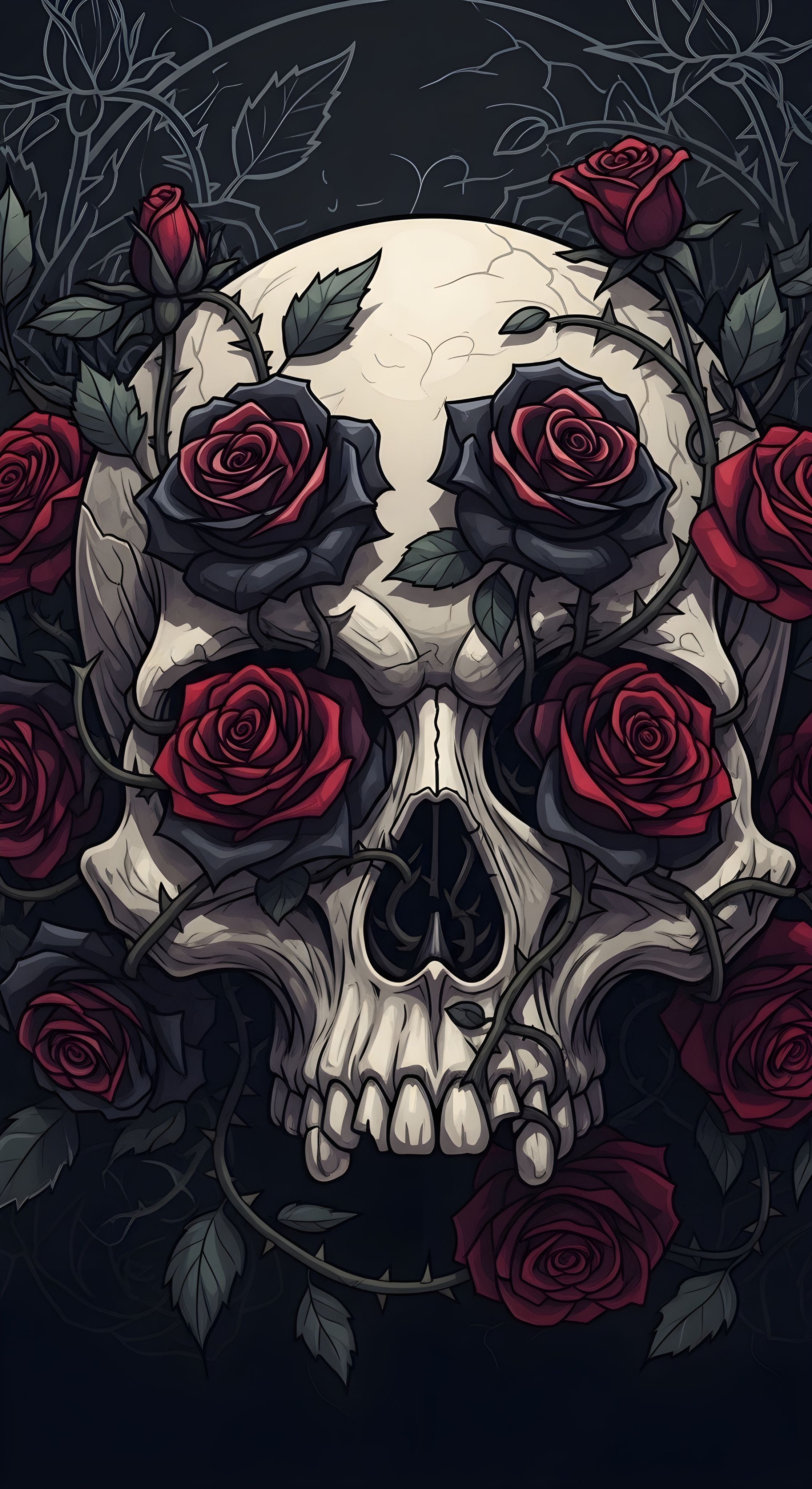 Gothic Skull and Red Roses Wallpaper HD 4K - Dark Aesthetic Art