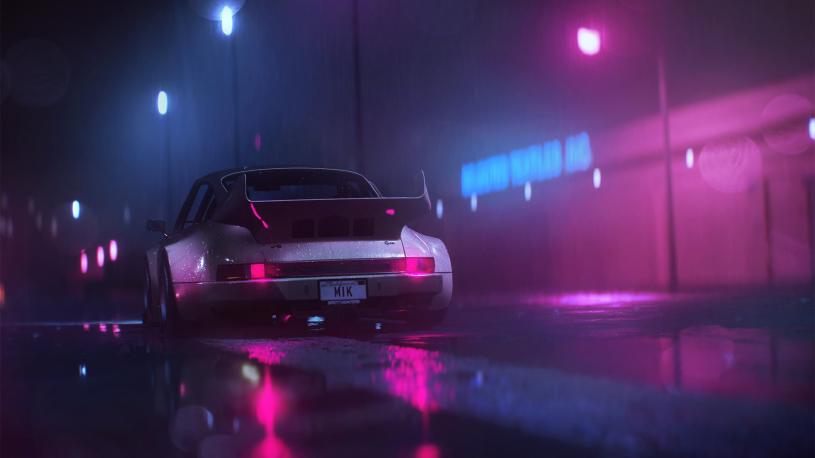 Aesthetic Neon Porsche 911 Wallpaper HD 4K - Cool Cyberpunk Car Background