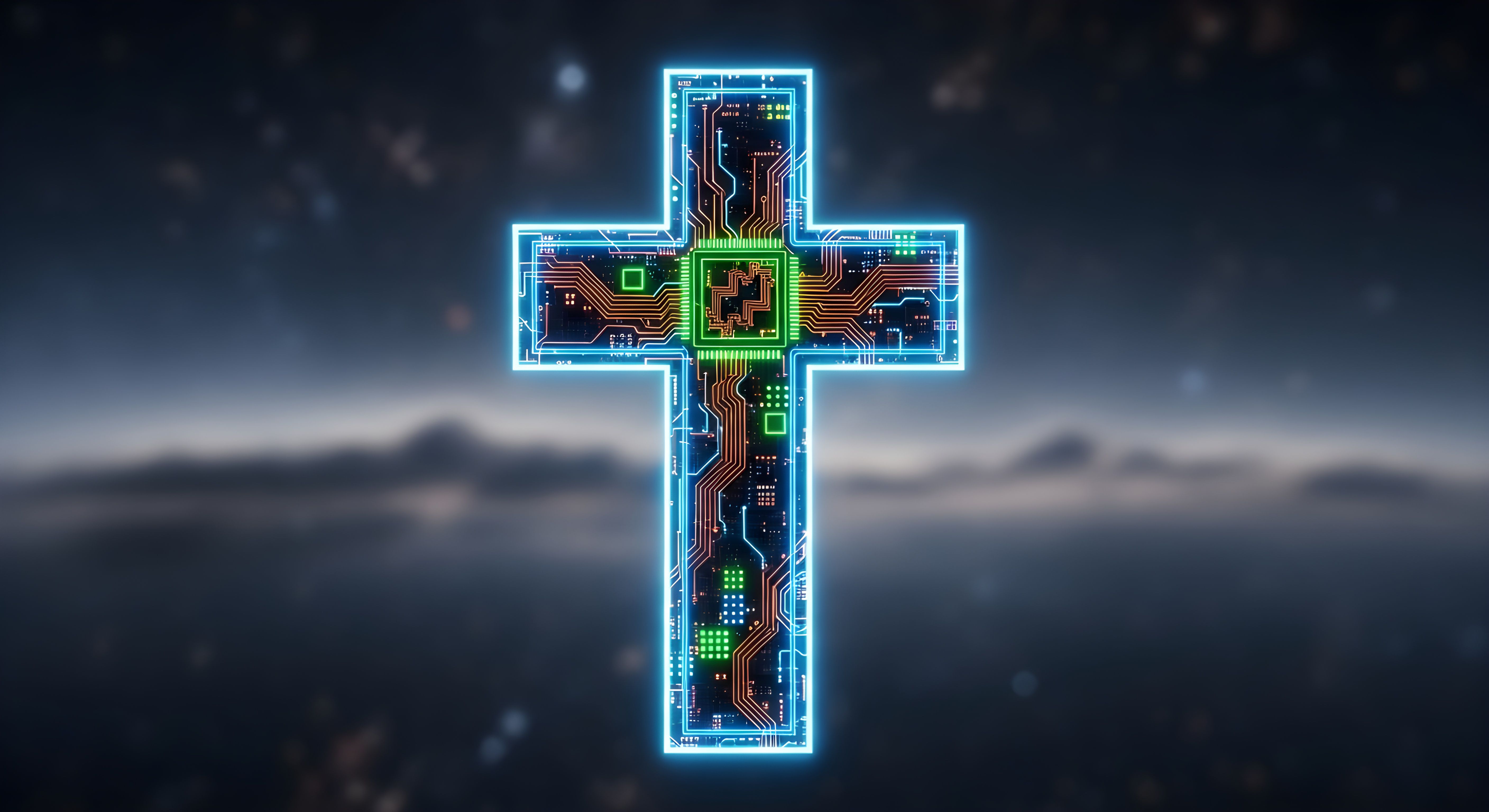 Futuristic Neon Cross Wallpaper HD 4K - Aesthetic Cyberpunk Tech Art