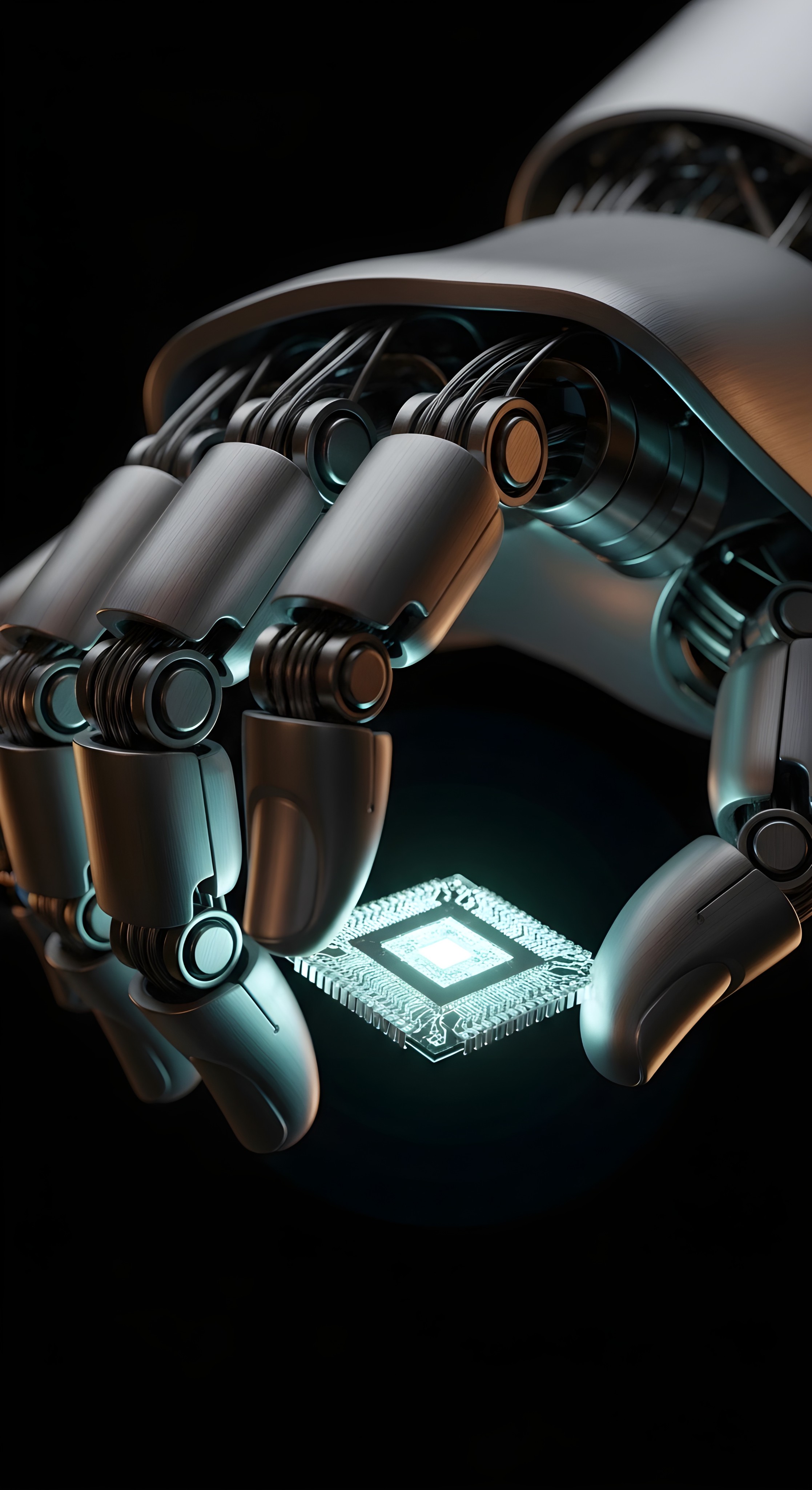 Futuristic Robotic Hand Holding Glowing Microchip Wallpaper HD 4K