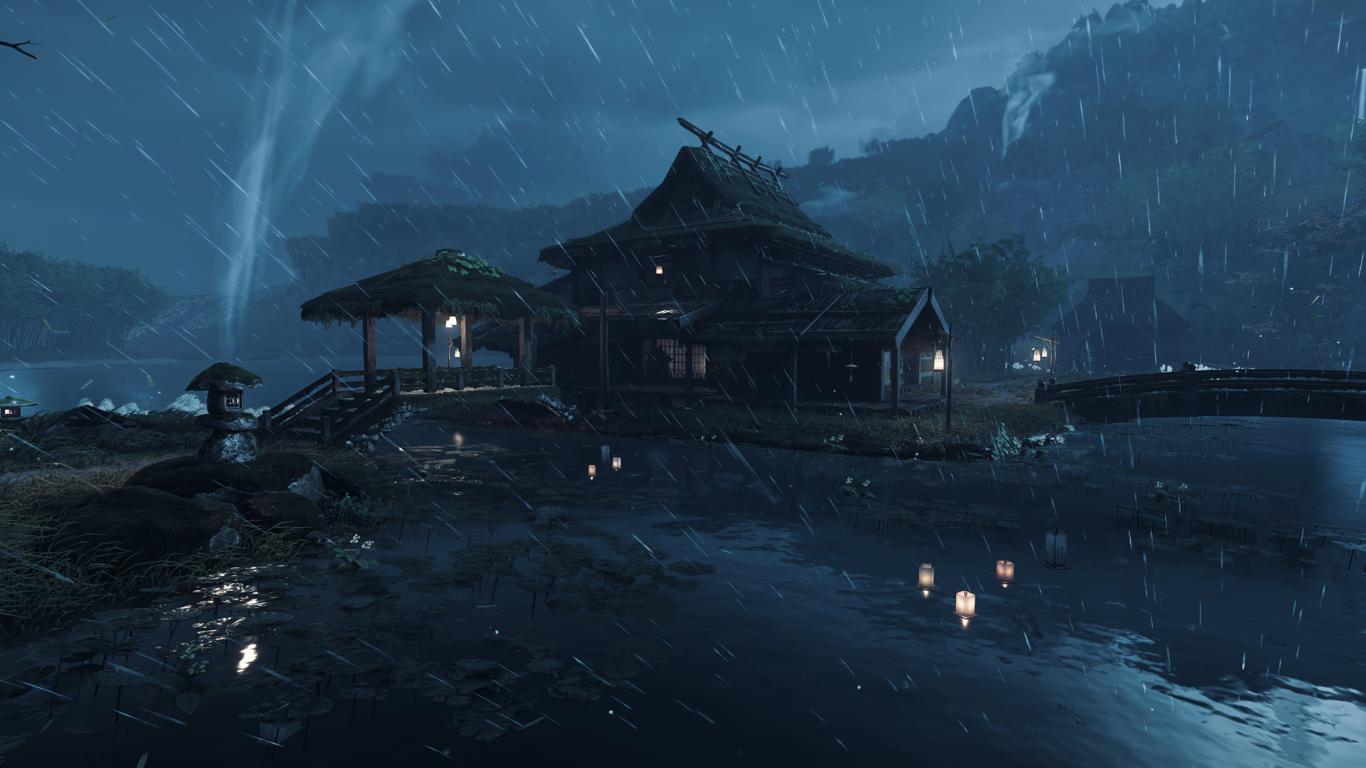 Aesthetic Japanese Rainy Night Wallpaper 4K - Serene Traditional House