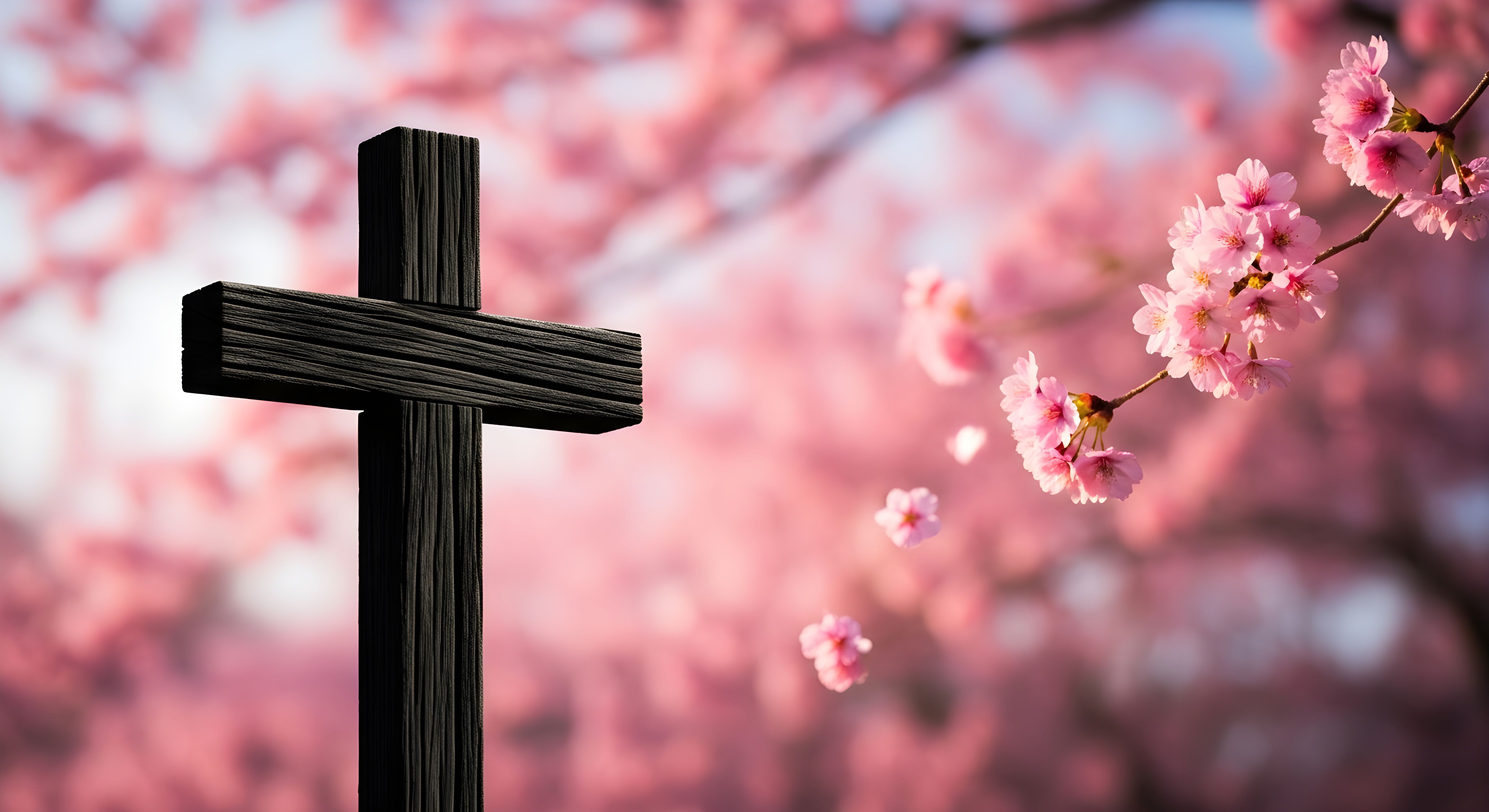 Black Wooden Cross with Pink Cherry Blossoms Wallpaper HD 4K Aesthetic