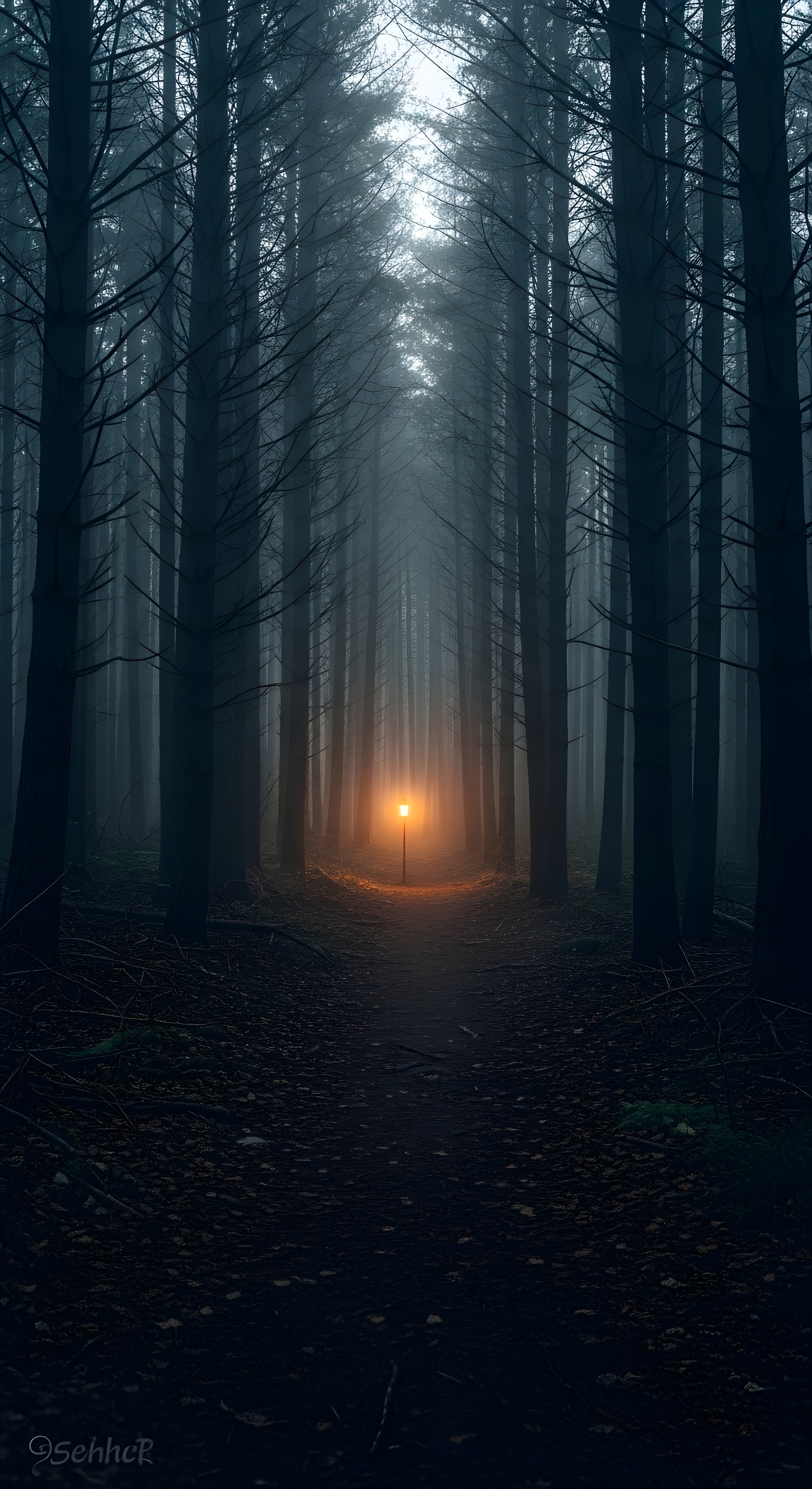 Mystical Foggy Forest with Glowing Light Wallpaper HD 4K Aesthetic Cool