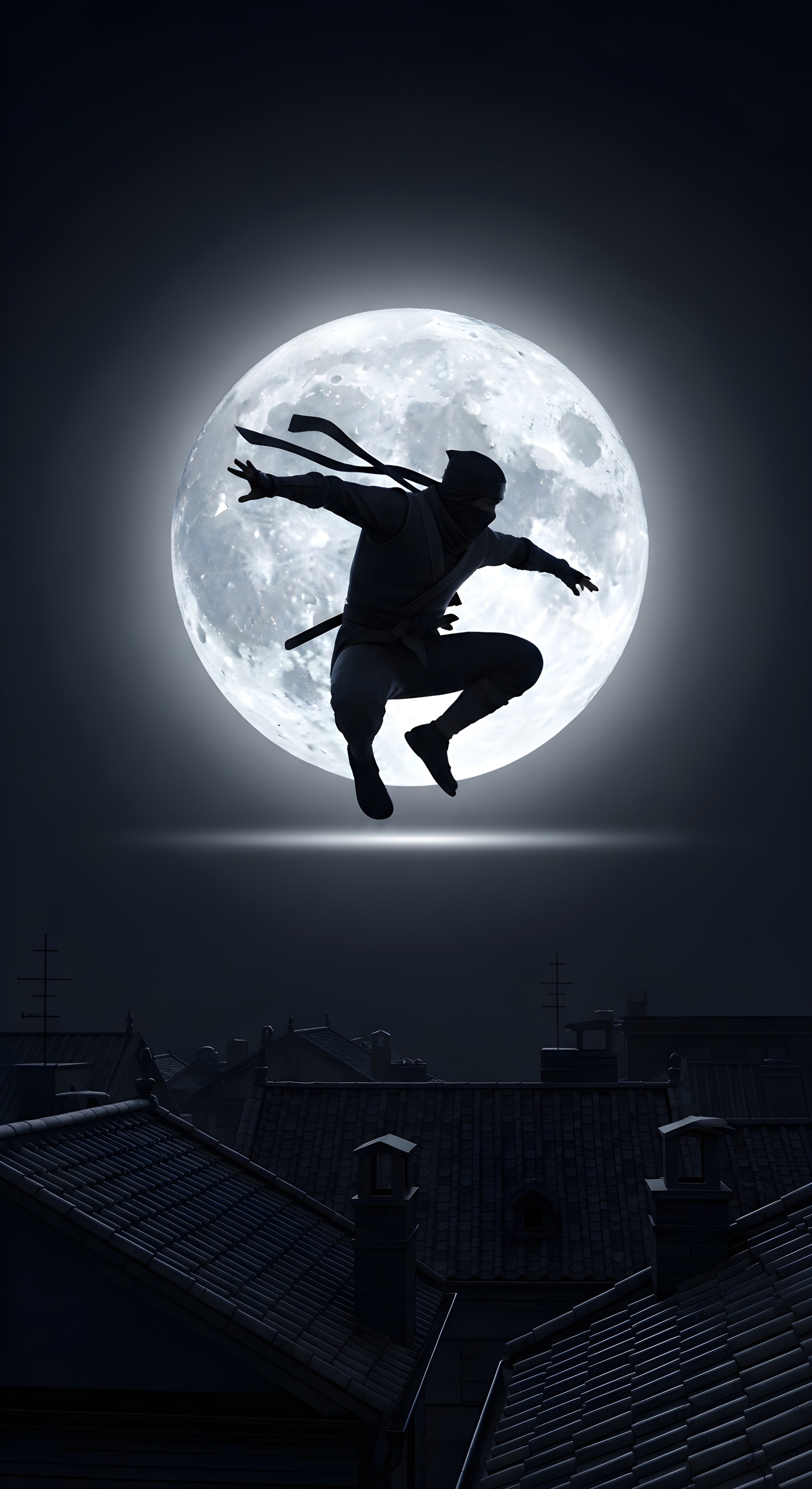 Epic Ninja Silhouette Against Full Moon Wallpaper HD 4K Aesthetic