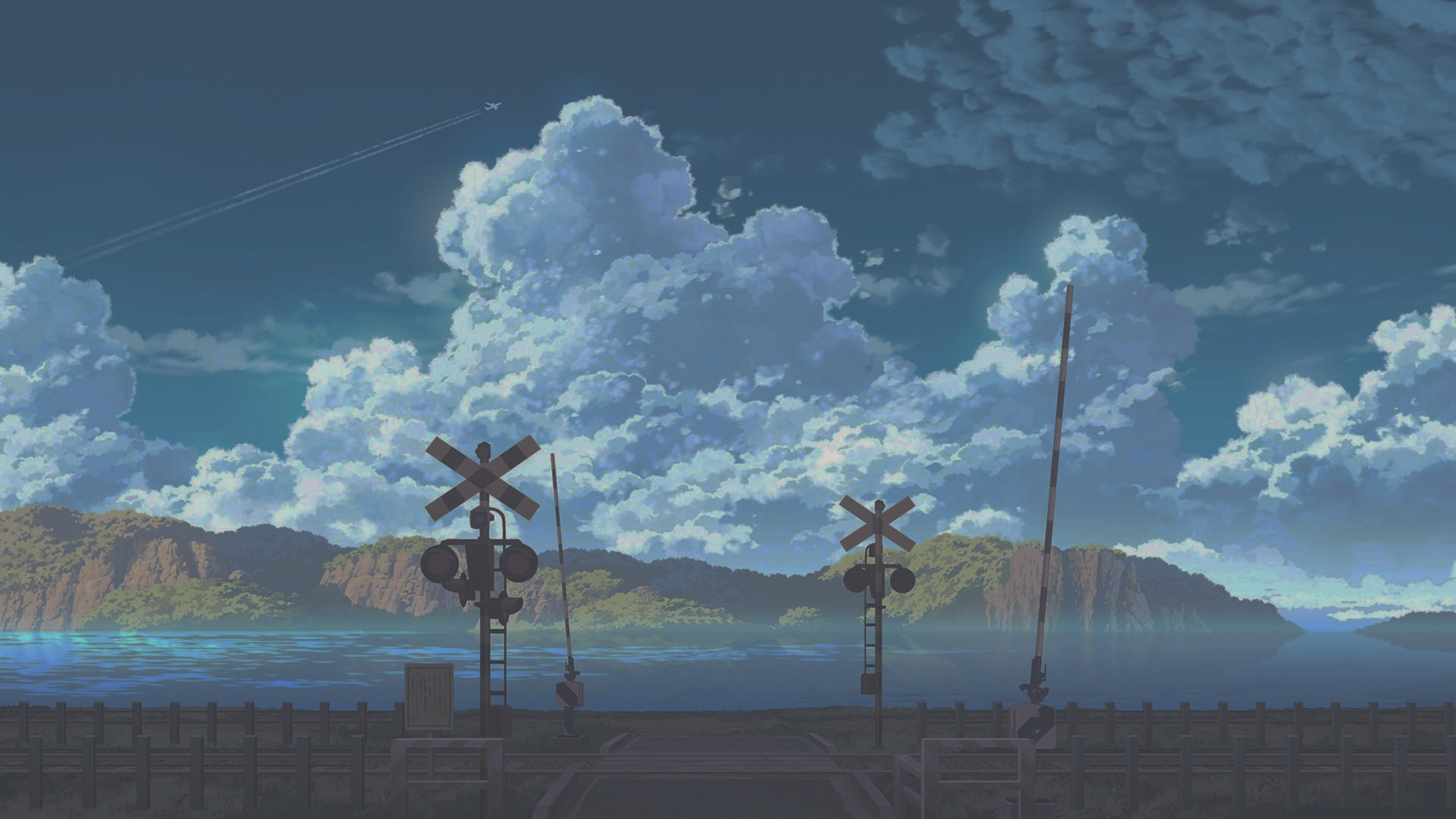 Aesthetic Anime Railroad Crossing Wallpaper HD 4K - Peaceful Lake Landscape