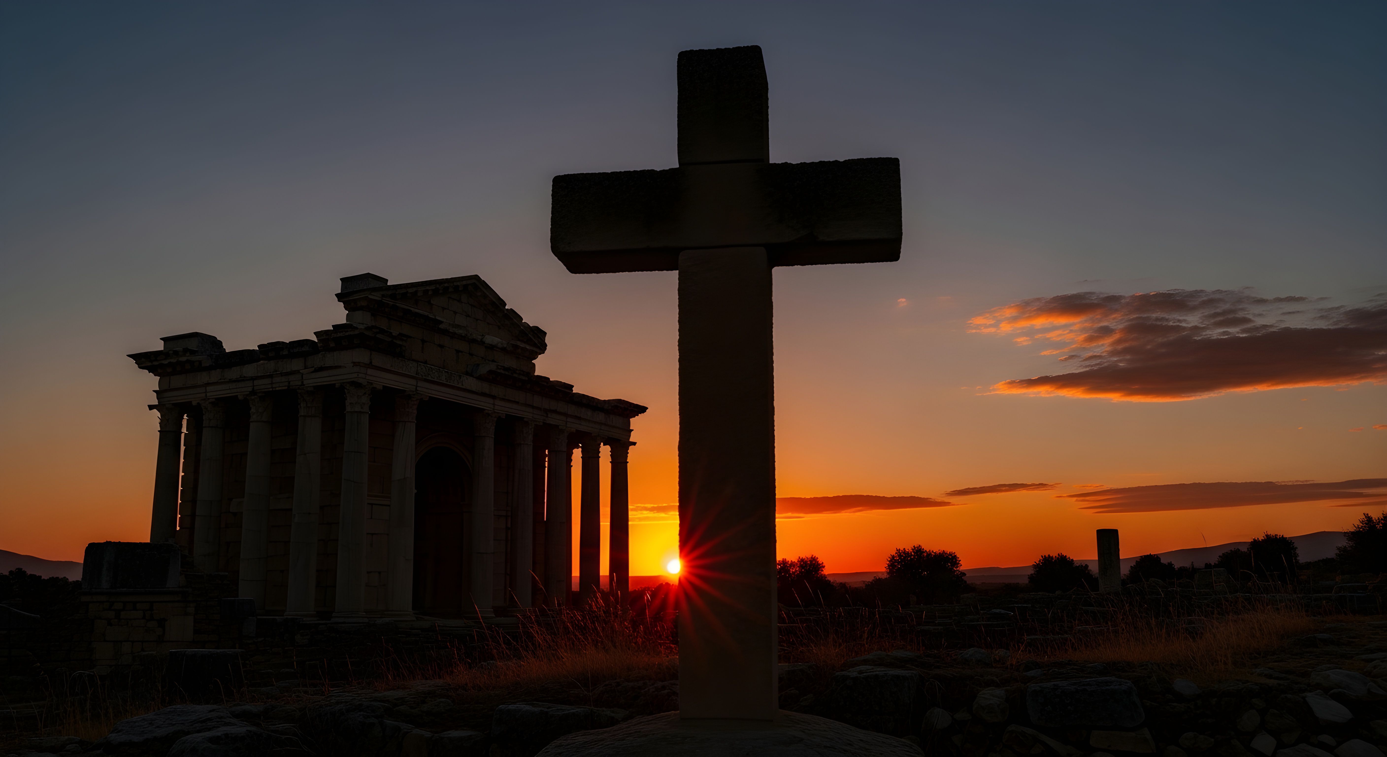 Ancient Temple and Cross Sunset Wallpaper HD 4K Aesthetic Background