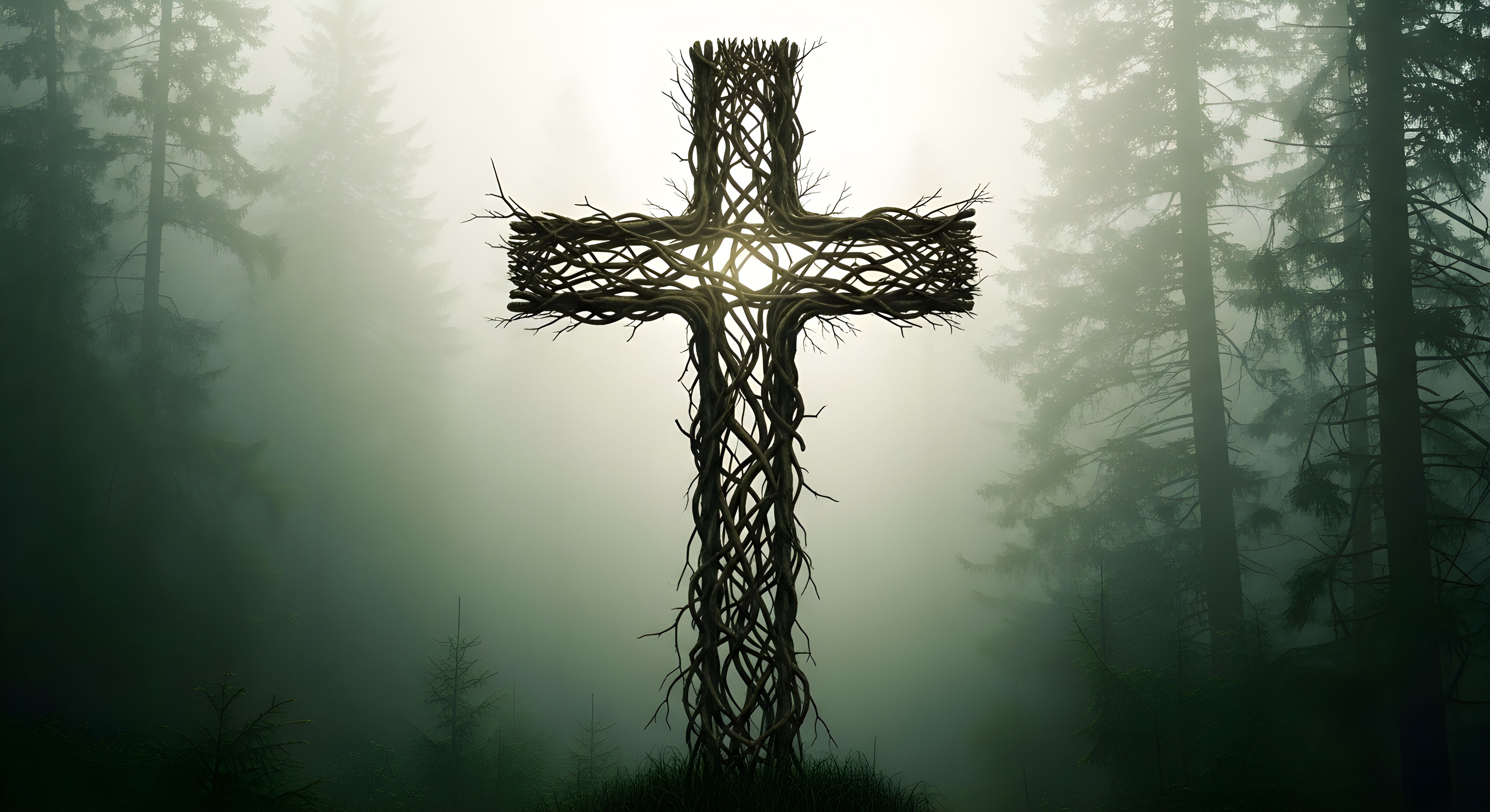 Cool Mystical Forest Cross HD 4K Wallpaper - Aesthetic Nature Art