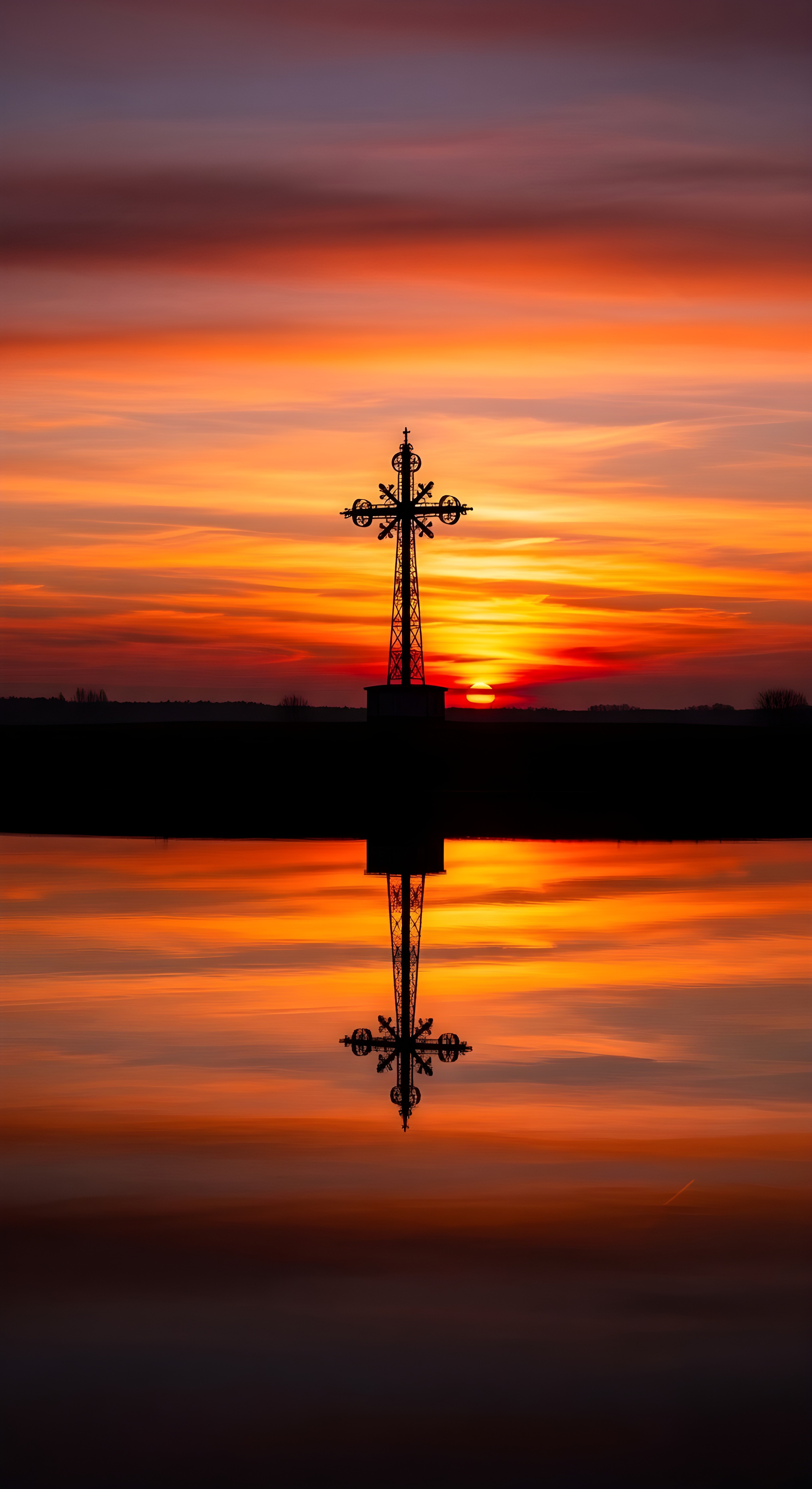 Sunset Cross Reflection Wallpaper HD 4K - Aesthetic Spiritual Background