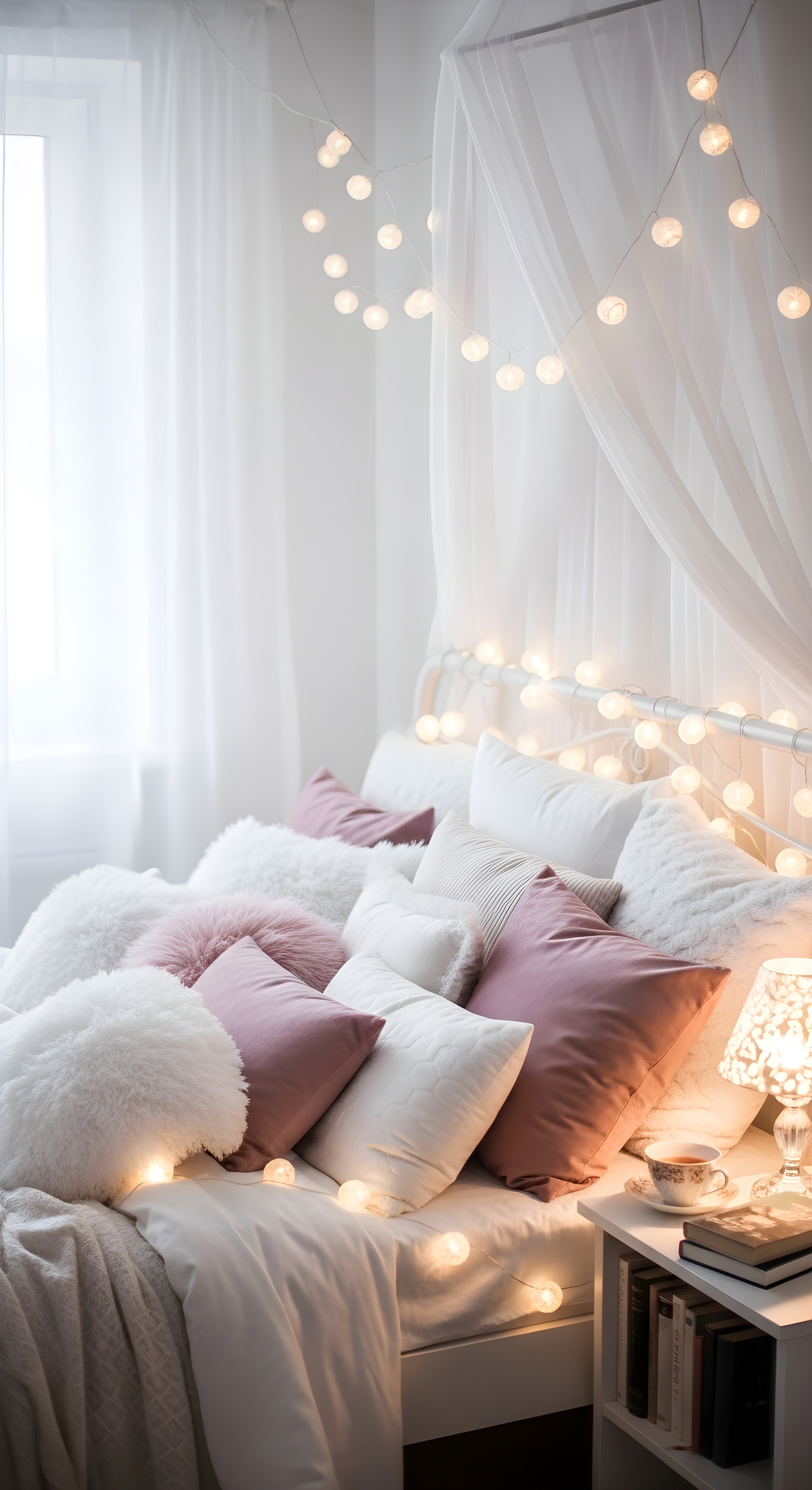 Aesthetic Cozy Bedroom Wallpaper HD 4K - Dreamy Fairy Lights Decor