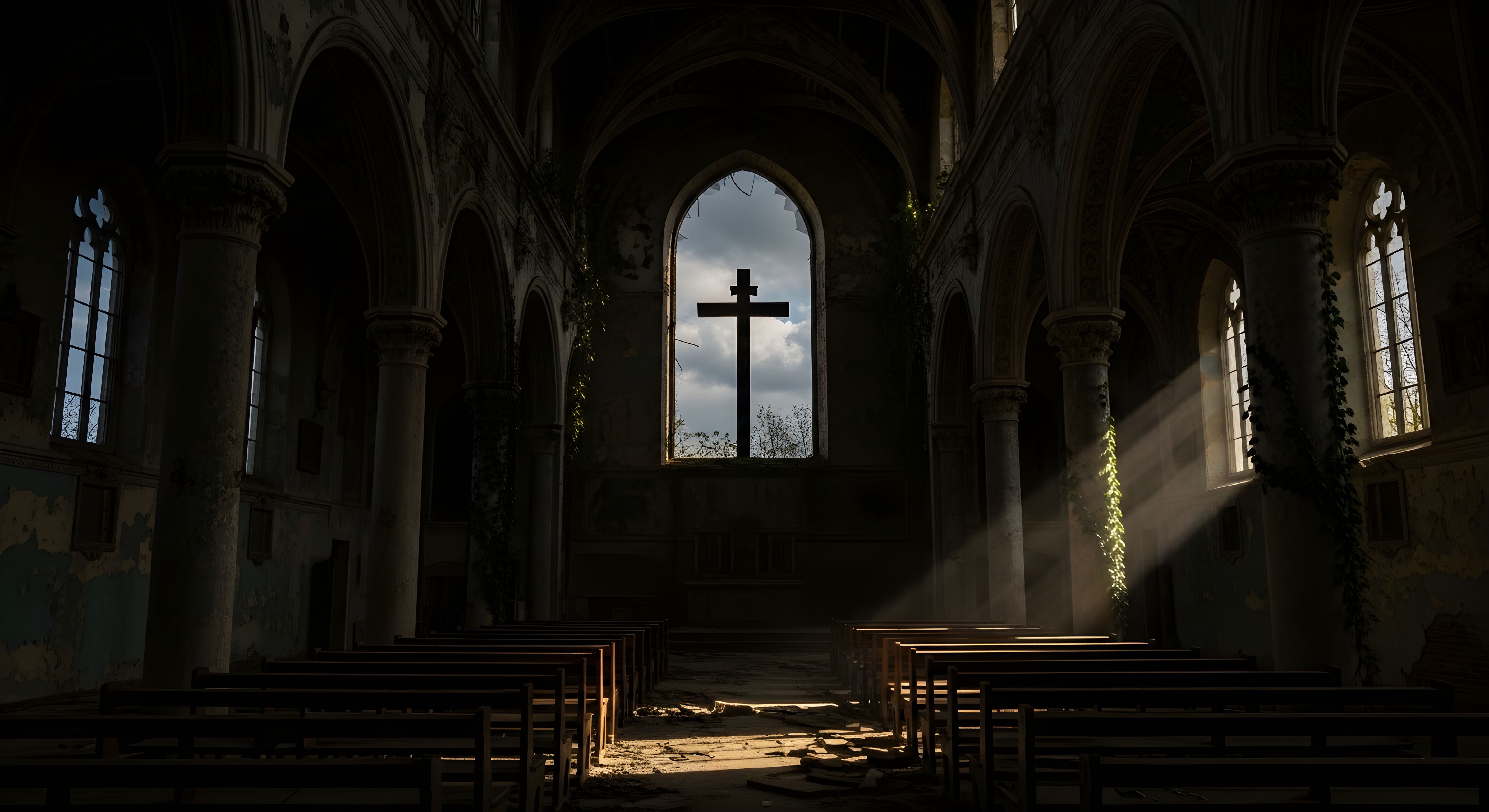 Abandoned Gothic Church Cross Wallpaper HD 4K Aesthetic Cinematic