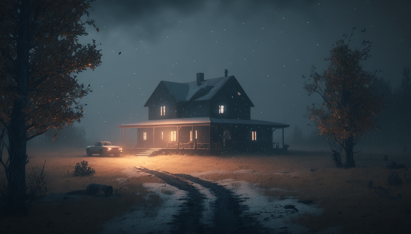 Cozy Night House Aesthetic Wallpaper HD 4K - Dark Cinematic Cabin